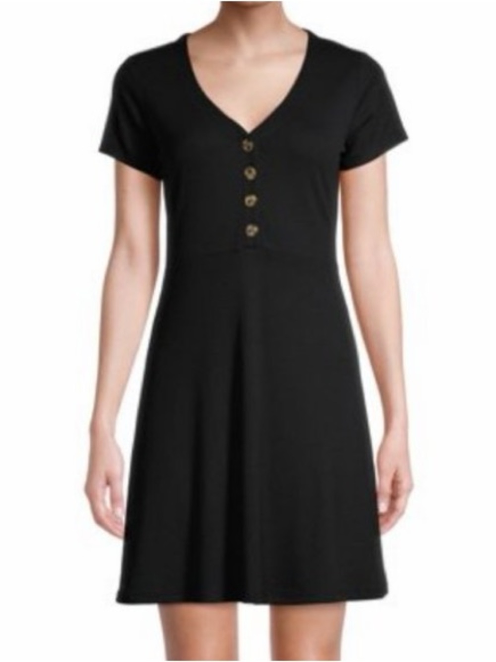 Pink Rose Black Short Sleeve V-Neck Mini Dress with Buttons